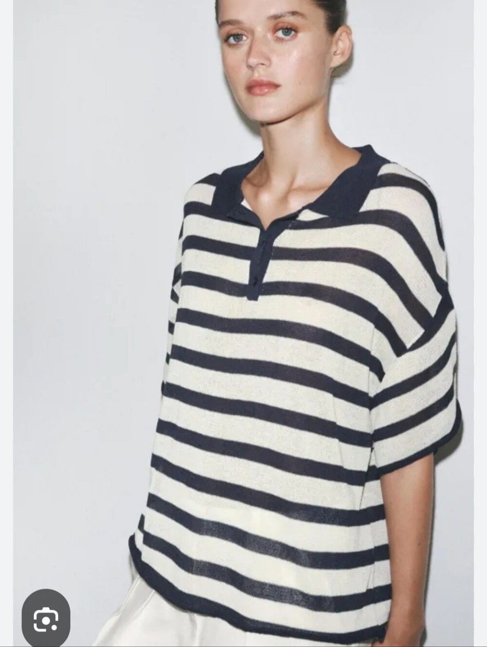 ZARA NWT Striped Knit Polo Shirt Navy Blue White Linen Blend Size M
